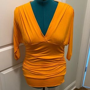 EUC Arden B. Large vneck fitted, ruched top in Orange, rayon & spandex